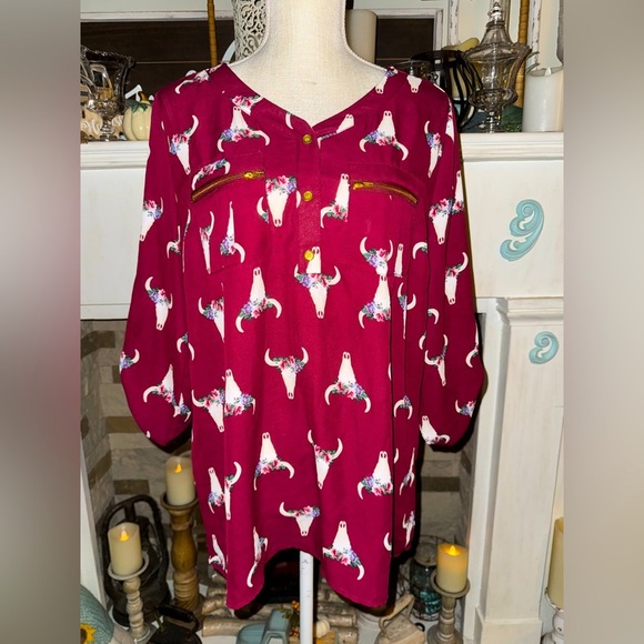 Wishful Park Floral Cattle Skull Motif Maroon Blouse Size XL WORN ONCE!🔥 - Picture 1 of 6
